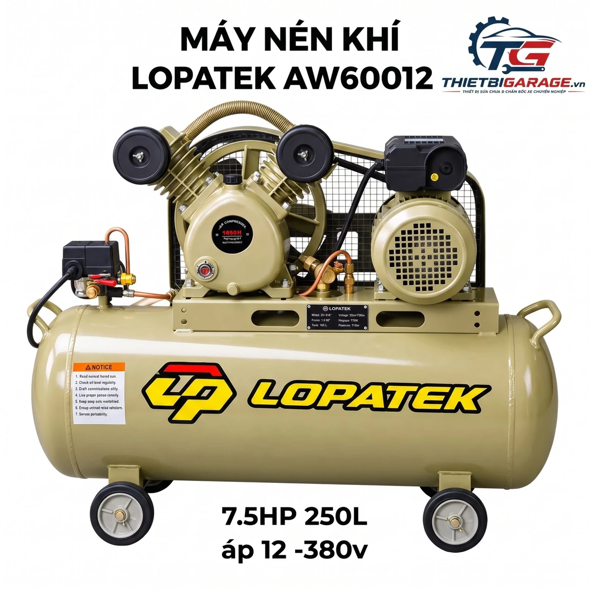 Máy nén khí LOPATEK AW60012 chính hãng, giá tốt Máy nén khí LOPATEK AW60012 công suất 7.5HP, dung tích bình 250L, áp suất 12 bar, công nghệ Đài Loan.
