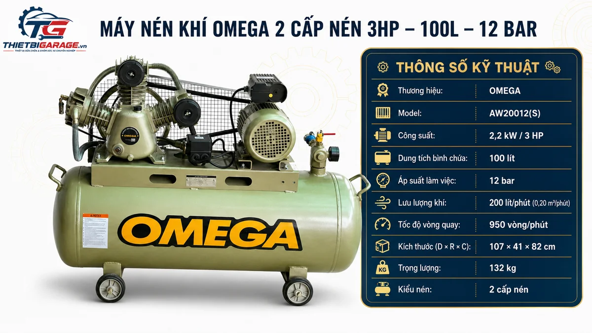 Thông số máy nén khí Omega 3HP 100L lưu lượng 200 L/phút