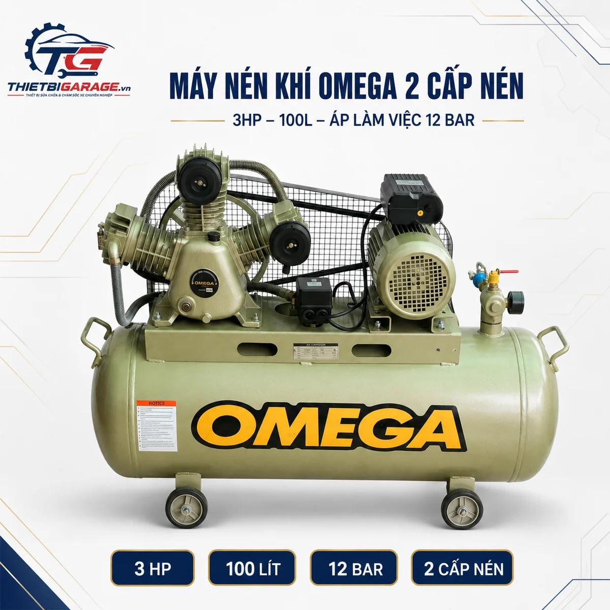 Máy nén khí Omega AW20012-S 3HP 100L dùng điện 220V áp 12 bar