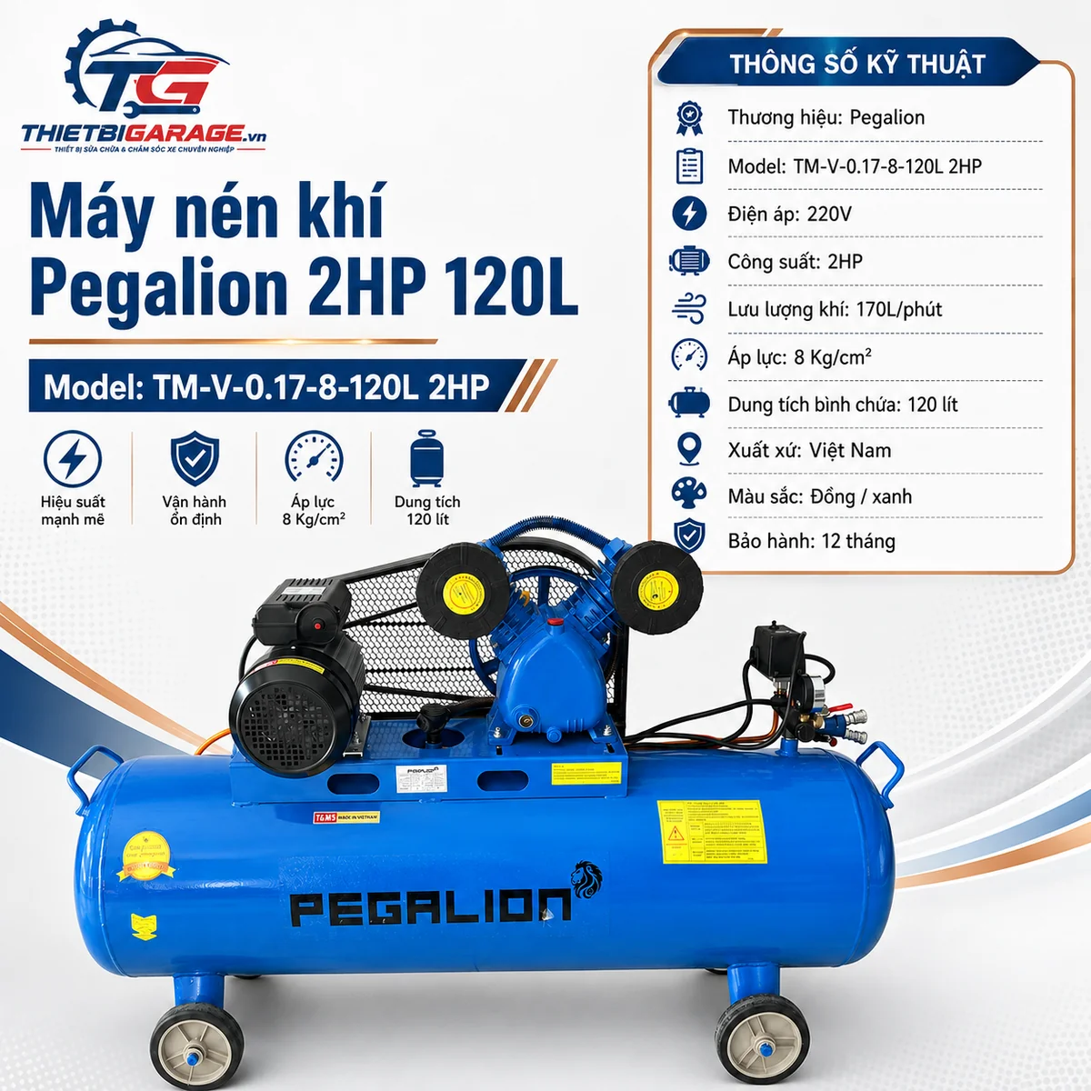Máy nén khí Pegalion 2HP 120L 8 bar 220V model TM-V-0.17-8-120L