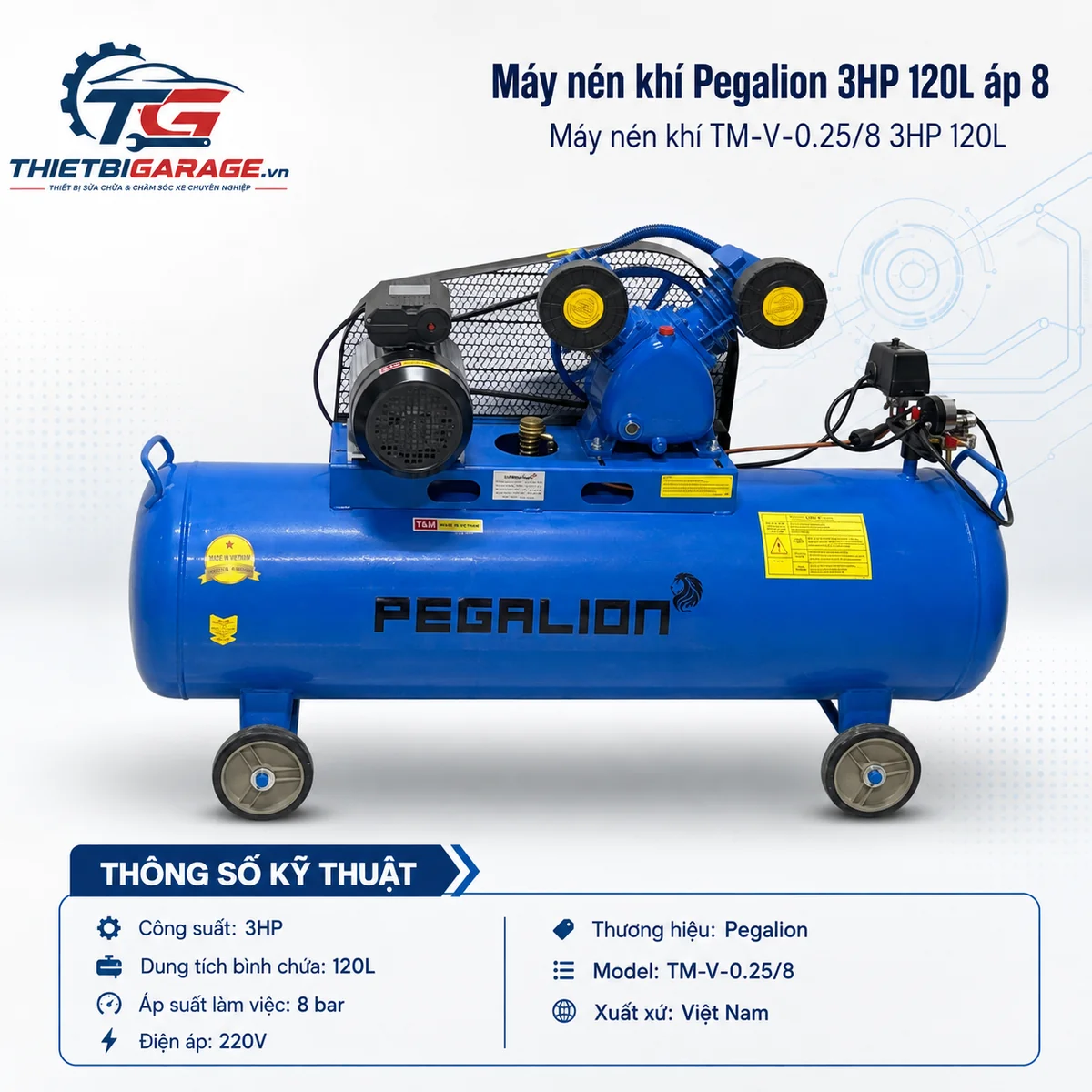 Máy nén khí Pegalion 3HP 120L 220V áp 8 bar model TM-V-0.25-8-120L