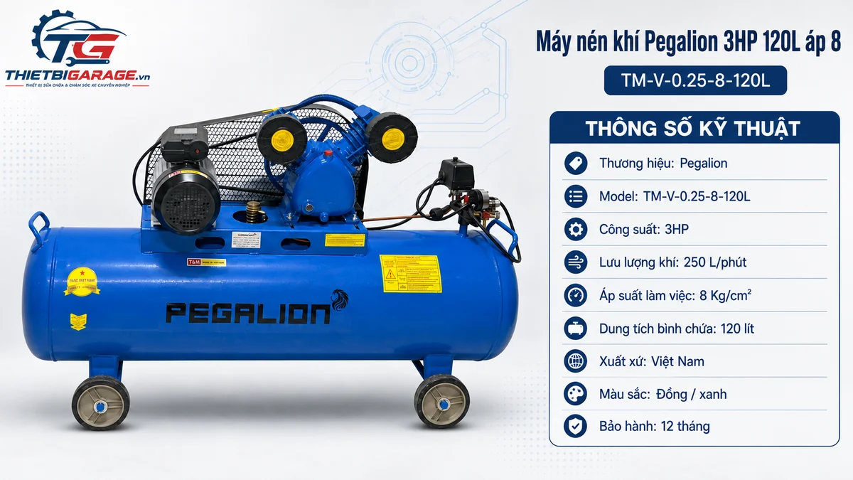 Thông số máy nén khí Pegalion 3HP lưu lượng 250 L/phút bình 120L