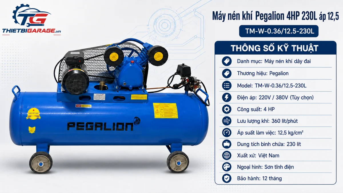 Thông số máy nén khí Pegalion 4HP 230L lưu lượng 360 L/phút