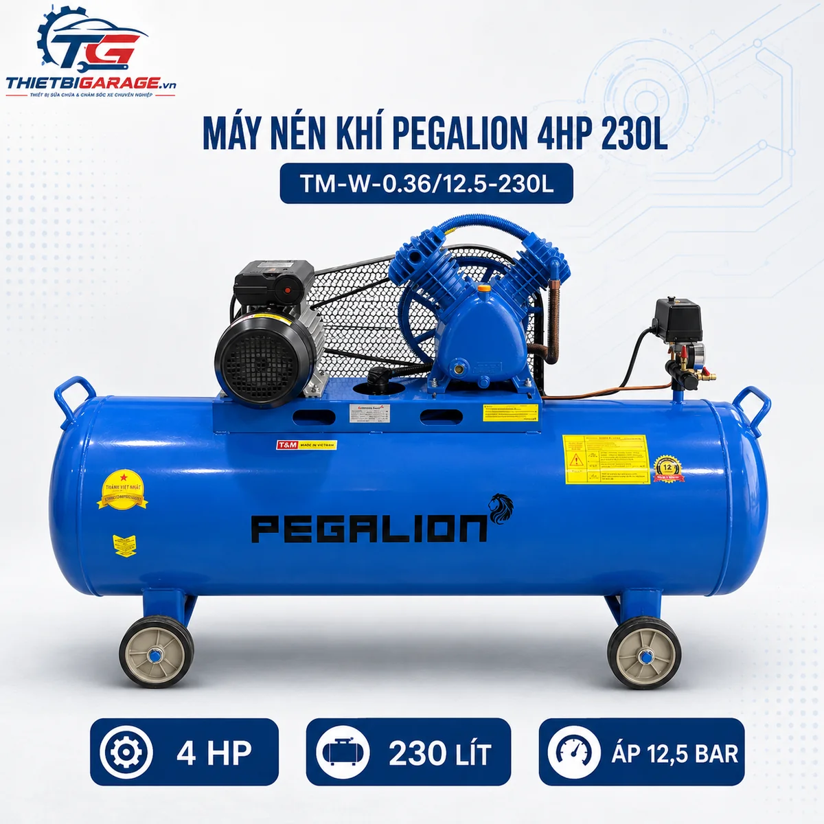 Máy nén khí Pegalion 4HP 230L 220V áp 12,5 bar model TM-W-0.36-12.5-230L