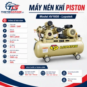 Máy nén khí piston Lopatek AV1608 2HP 100L chính hãng, thông số kỹ thuật chi tiết.