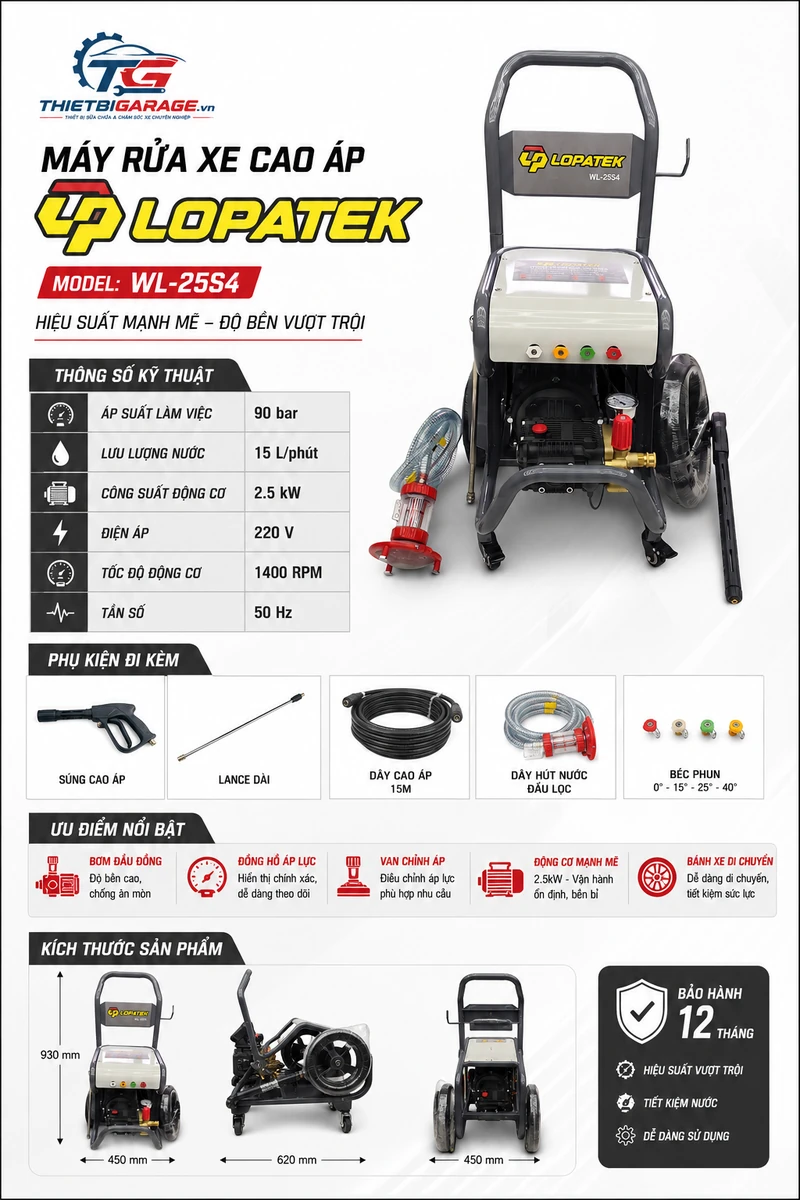 Thông tin chi tiết máy rửa xe cao áp Lopatek WL-25S4 Máy rửa xe cao áp Lopatek WL-25S4 2.5KW chính hãng, thông số kỹ thuật chi tiết và phụ kiện đi kèm.