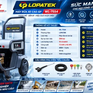 Máy rửa xe cao áp LOPATEK WL-75S4 công suất 7.5kW, áp lực 250 bar, lưu lượng 15 lít/phút, điện 380V.