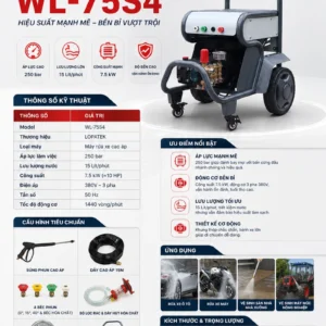 Máy rửa xe cao áp LOPATEK WL-75S4 7.5KW 250 bar, thông số kỹ thuật chi tiết và phụ kiện đi kèm.