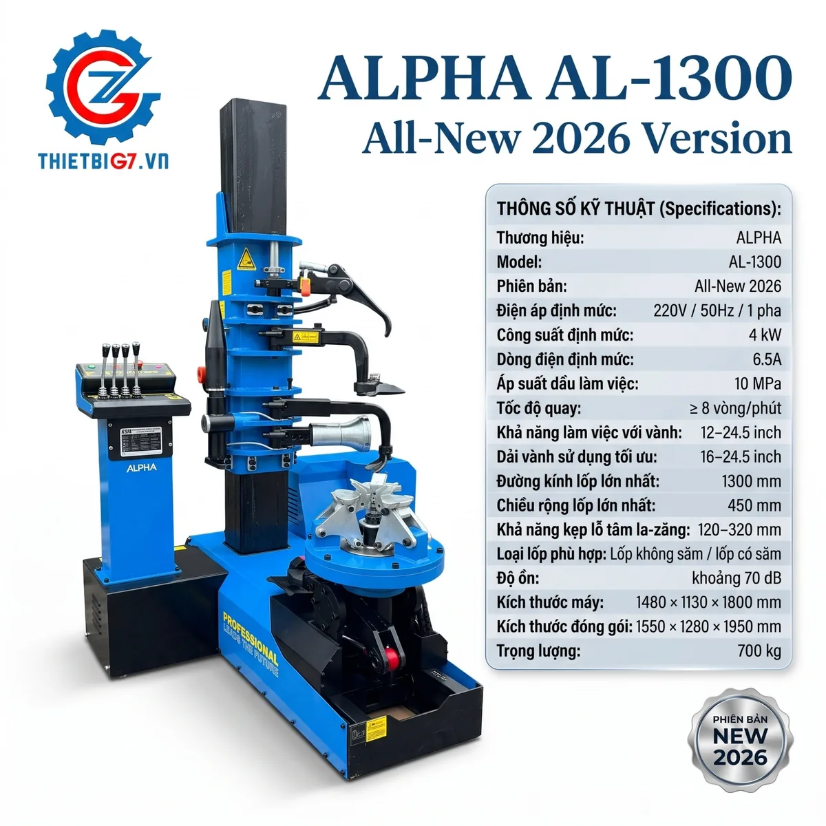 Máy tháo lắp lốp xe tải Alpha AL-1300 All-New 2026 Máy tháo lắp lốp xe tải Alpha AL-1300 220V All-New 2026 chính hãng, thông số kỹ thuật chi tiết.