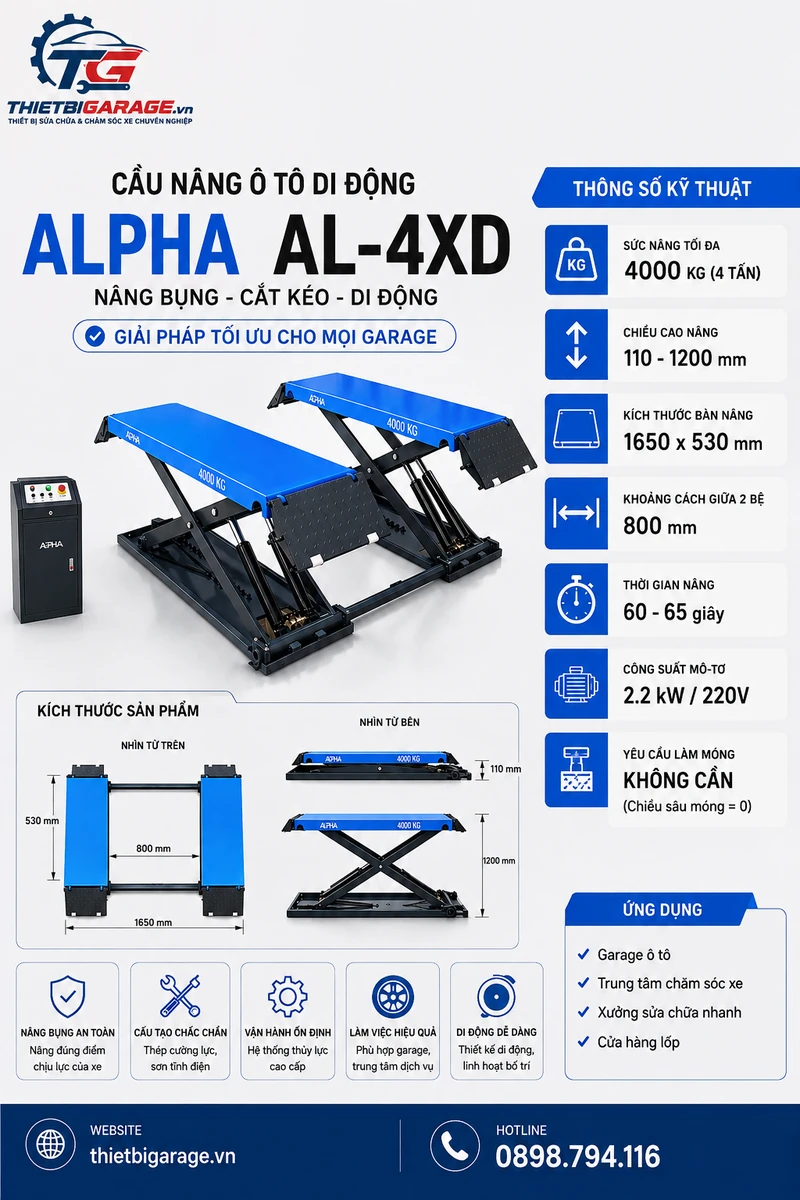 Thông số kỹ thuật cầu nâng cắt kéo di động Alpha AL-4XD chính hãng Lộc Phát