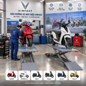 Bàn nâng xe máy điện BNXMD lắp đặt đồng bộ tại xưởng dịch vụ bảo dưỡng xe máy điện VinFast