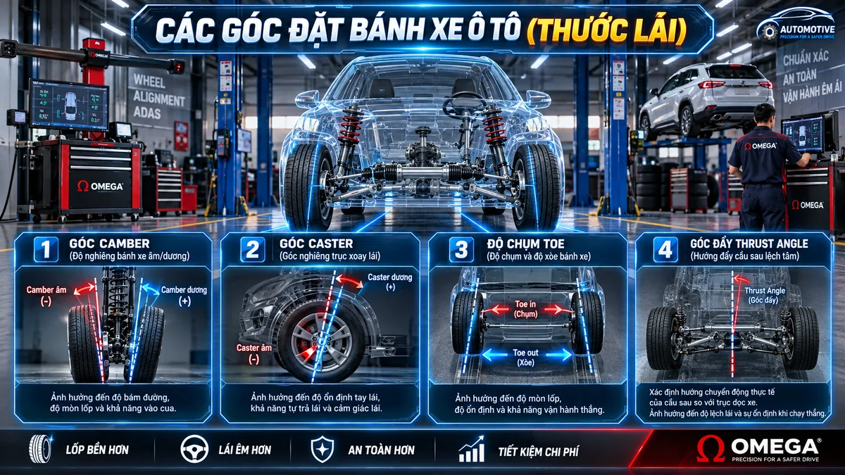 Sơ đồ cân chỉnh góc đặt bánh xe ô tô gồm Camber Caster Toe và Thrust Angle