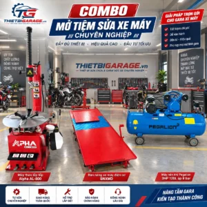 Combo mở tiệm sửa xe máy chuyên nghiệp trọn bộ máy ra vào lốp Alpha AL-800 bàn nâng điện và máy nén khí 3HP