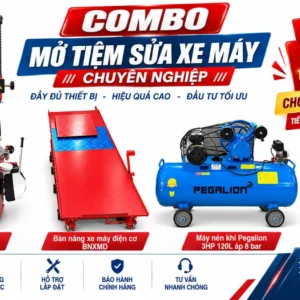 Không gian tiệm sửa xe máy lắp đặt đồng bộ combo thiết bị chuyên nghiệp