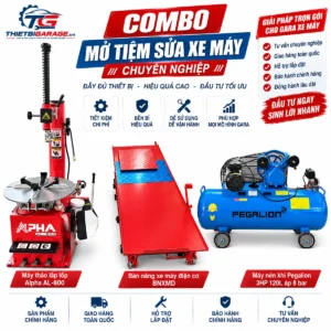 Trọn bộ 3 thiết bị máy tháo vỏ bàn nâng điện và máy nén khí cho tiệm xe máy
