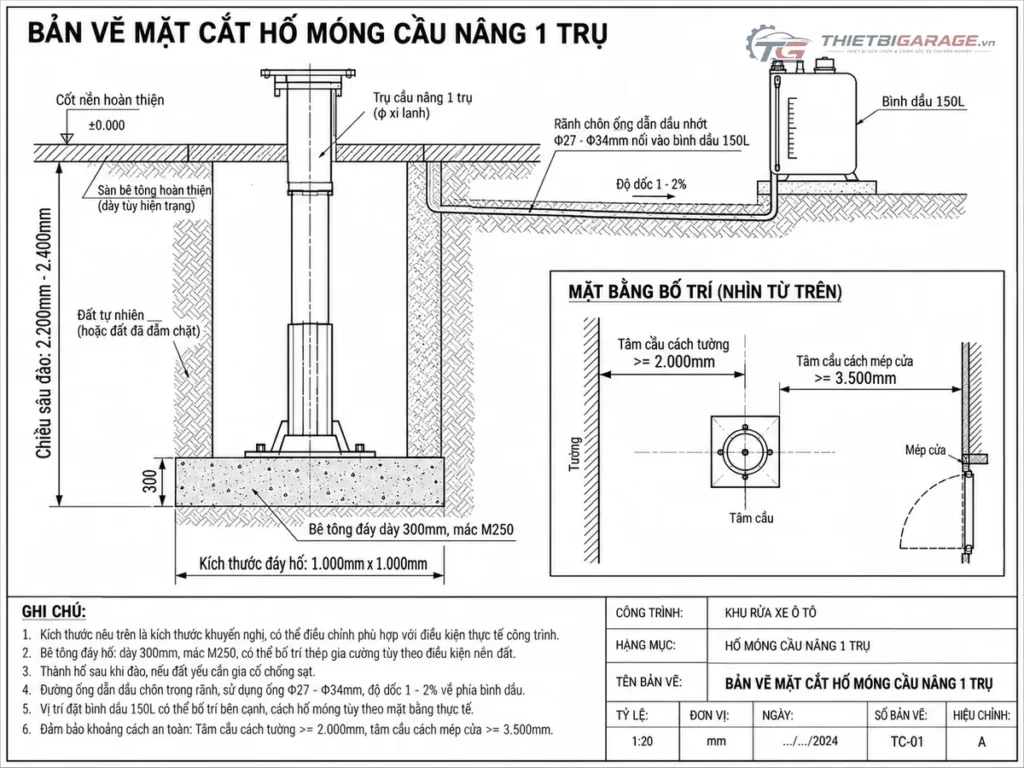Bản vẽ CAD mặt cắt đứng hố móng cầu nâng 1 trụ thể hiện độ sâu và lớp bê tông đáy