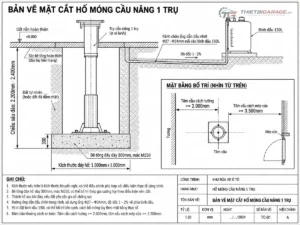 Bản vẽ CAD mặt cắt đứng hố móng cầu nâng 1 trụ thể hiện độ sâu và lớp bê tông đáy
