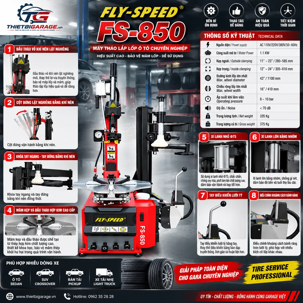 Infographic thông số kỹ thuật máy tháo lốp Leverless Fly Speed FS-850 FS-LL