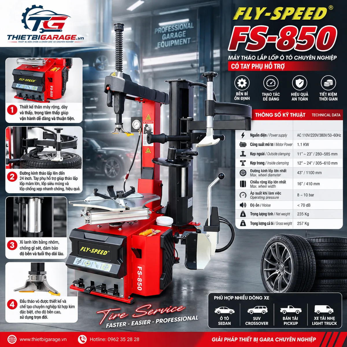 Infographic thông số kỹ thuật máy tháo vỏ Fly Speed FS-850 kèm cần phụ RH-750i