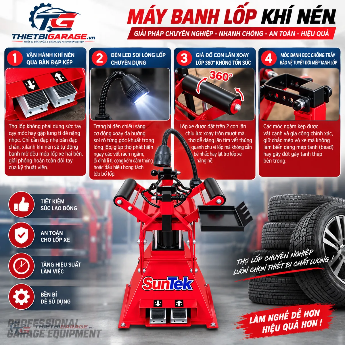 Chi tiết hệ thống bàn đạp khí nén và đèn LED chiếu sáng máy banh lốp Suntek PG