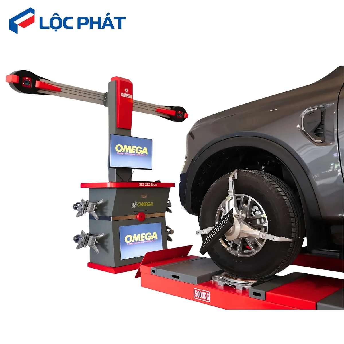 Thao tác kẹp bia target quang học vào mâm xe trong quy trình cân chỉnh góc đặt bánh xe 3D