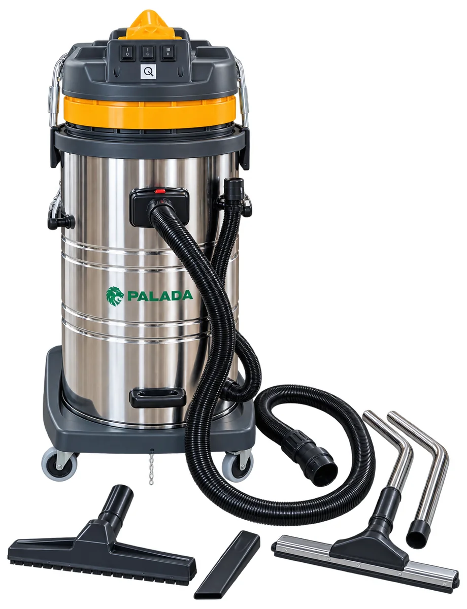 Trọn bộ phụ kiện kèm theo máy hút bụi công nghiệp 80 lít Palada PD-80H gồm ống ruột gà cần inox bàn hút và chổi tròn