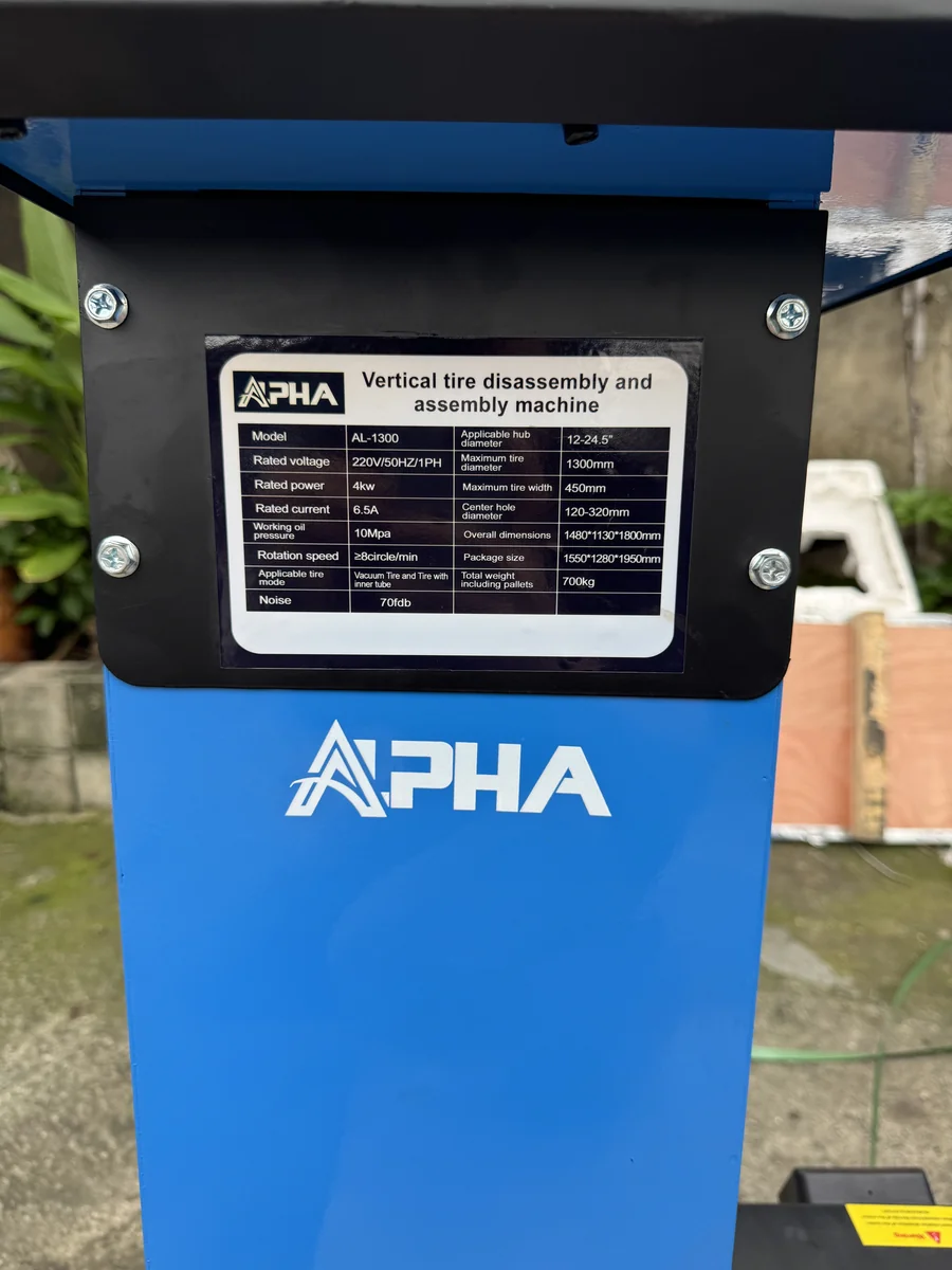 thông số kỹ thuật chính thức tem nhôm máy tháo lắp lốp xe tải Alpha AL-1300 4kW 220V 380V
