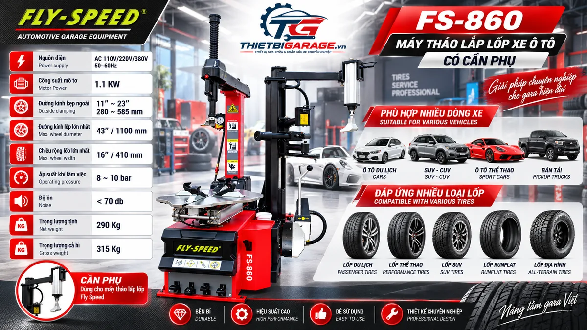 máy tháo lốp ô tô có cần phụ fly speed fs-860