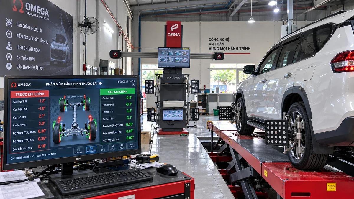 Phần mềm cân chỉnh thước lái 3D hiển thị số đo trước và sau khi chỉnh góc đặt bánh xe