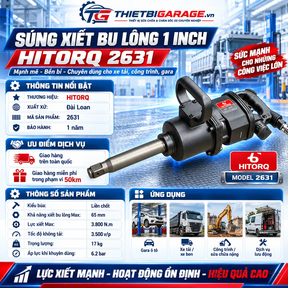 Chi tiết cơ cấu búa liền chốt và đầu cốt súng xiết bu lông 1 inch Hitorq 2631