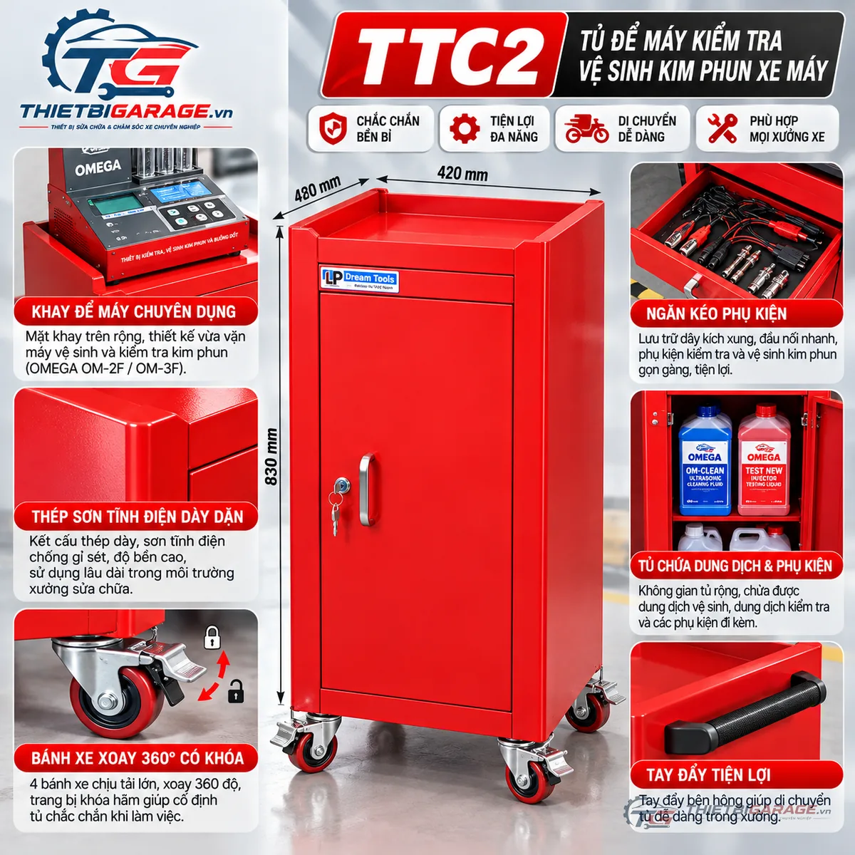 Infographic cấu tạo chi tiết tủ kê máy kiểm tra sục rửa kim phun xe máy TTC2
