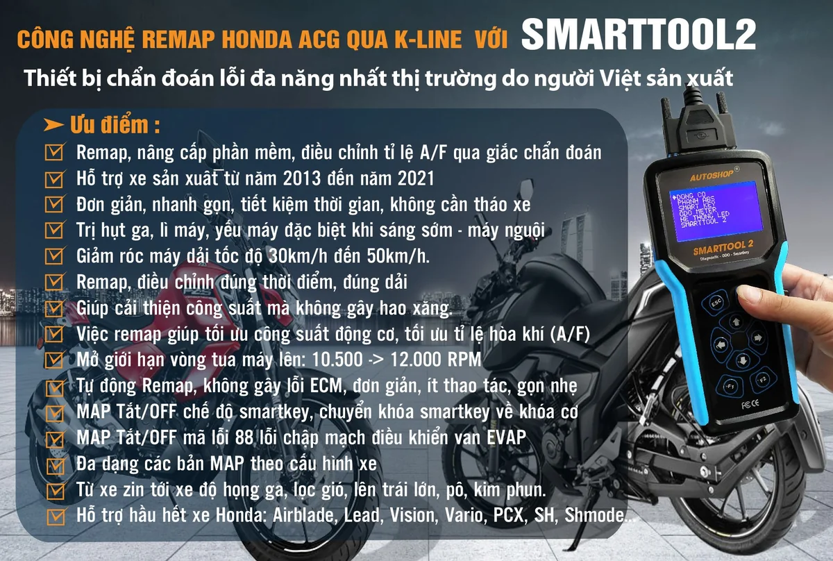 Công nghệ Remap Honda ACG qua K-Line mở tua máy trị hụt ga tắt Smartkey tắt lỗi 88 EVAP