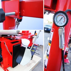 Chi tiết cơ cấu núm khóa cần ngang, đồng hồ áp suất lốp và xẻng ép tanh lốp Suntek LP-910