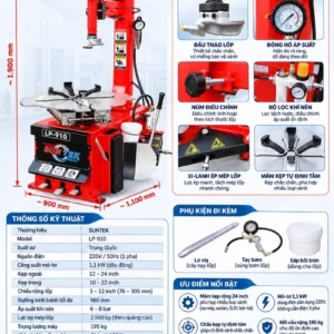 Kích thước lắp đặt chi tiết và chính sách bảo hành 24 tháng máy tháo lốp Suntek LP-910