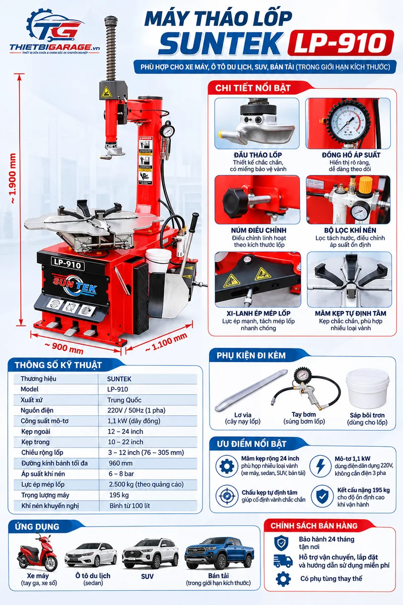 Kích thước lắp đặt chi tiết và chính sách bảo hành 24 tháng máy tháo lốp Suntek LP-910
