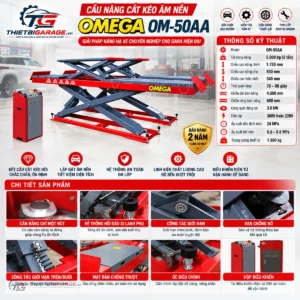 Infographic tổng quan thông số kích thước tải trọng tính năng cầu nâng kiểu xếp Omega OM-50A