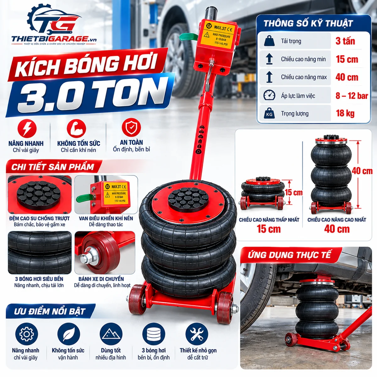 Bảng infographic thông số kỹ thuật chi tiết kích đội hơi 3 bóng 3 tấn Bestech SJ-014