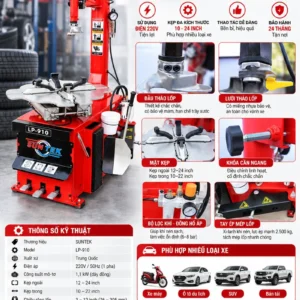 Bảng thông số kỹ thuật và chi tiết cấu tạo máy tháo lốp Suntek LP-910 chính hãng