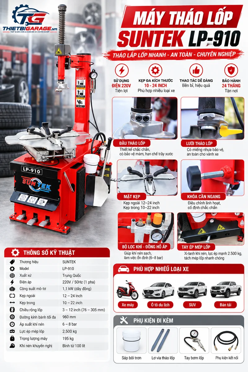 Bảng thông số kỹ thuật và chi tiết cấu tạo máy tháo lốp Suntek LP-910 chính hãng