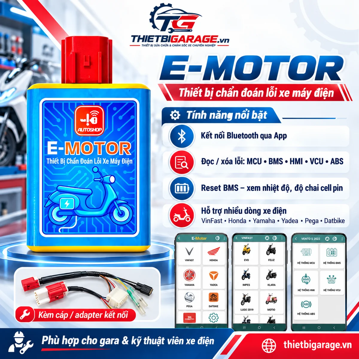trọn bộ thiết bị đọc lỗi xe máy điện e-motor chính hãng