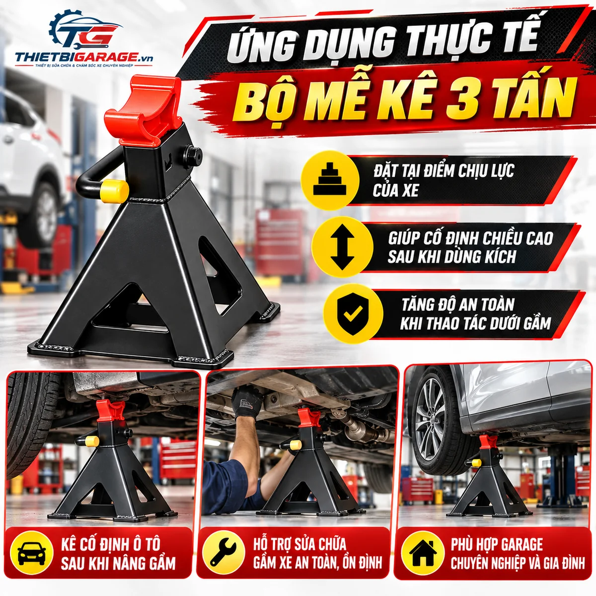 Ứng Dụng Kê Gầm Ô Tô An Toàn Bằng Bộ Mễ Kê 3 Tấn Ứng dụng mễ kê 3 tấn cố định khung gầm ô tô khi sửa chữa thay lốp